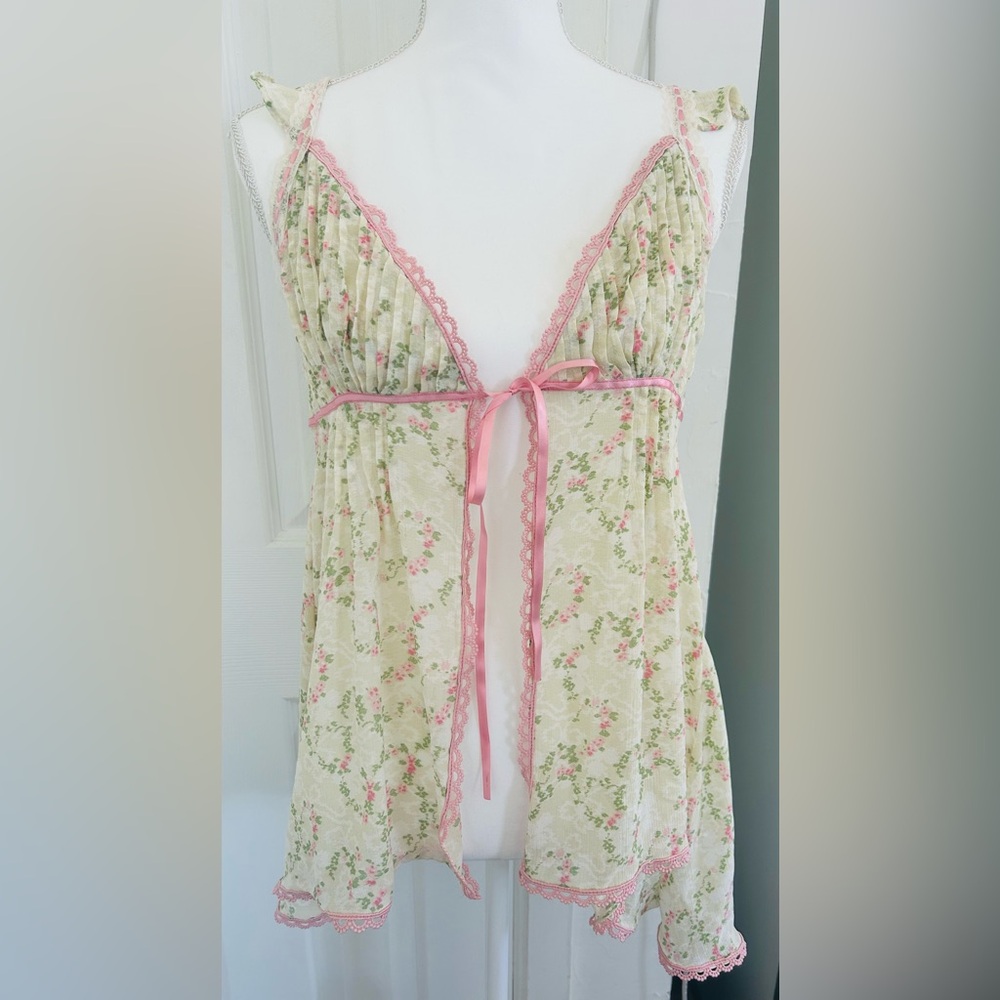 Floral Lace-Trim Pink & Cream Babydoll Nightdress